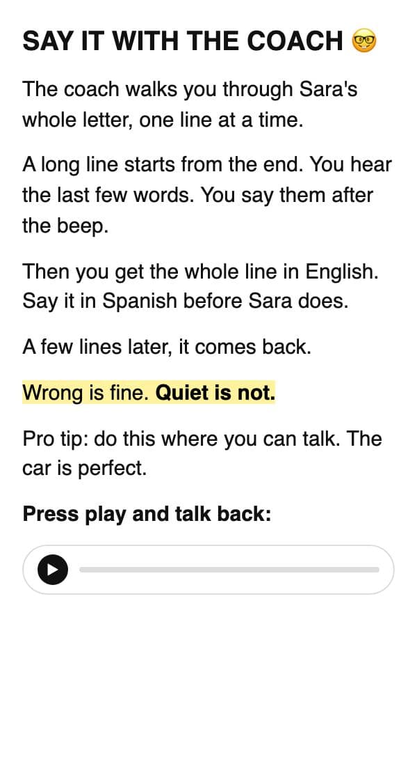 The coach part of the same email: press play and talk back