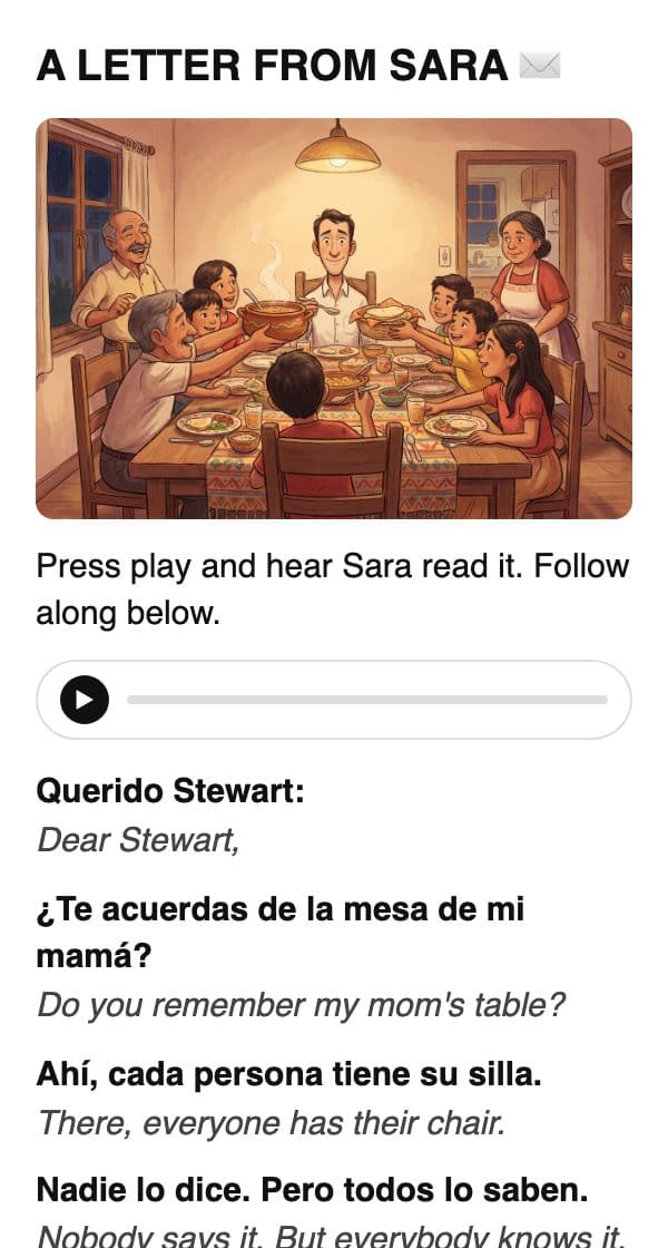 Sara's first letter in the morning email, Spanish with the English under every line