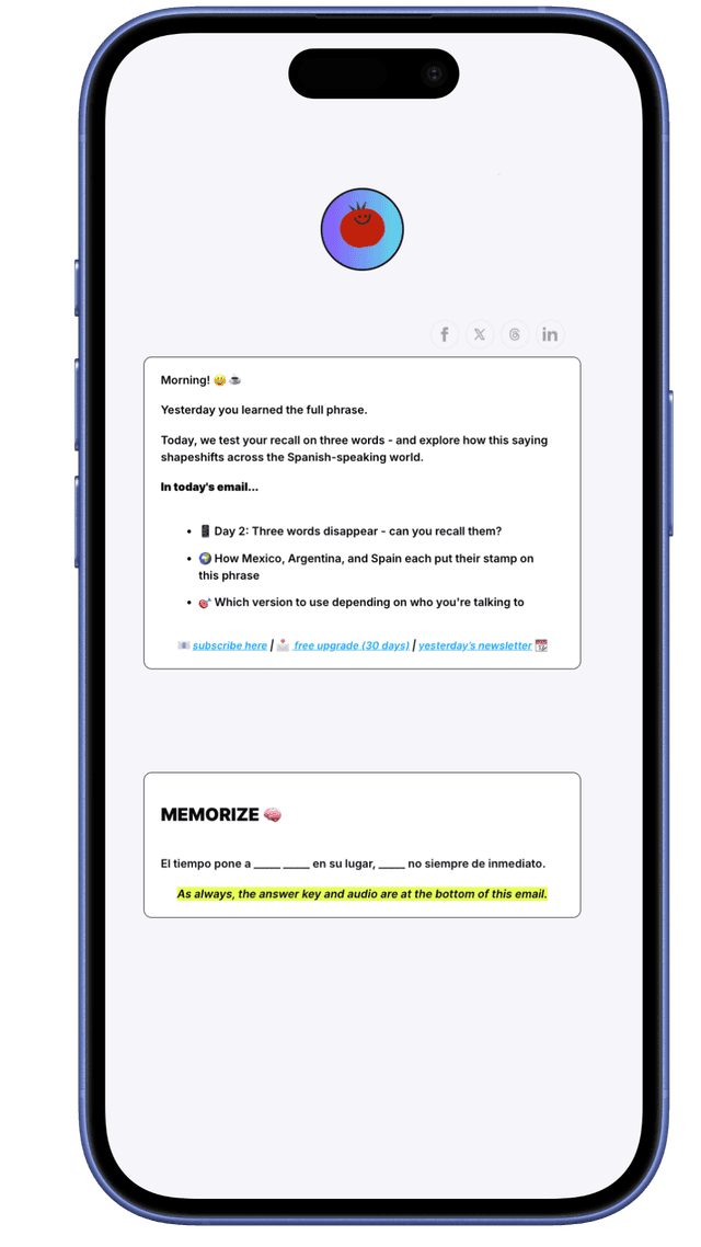 Phone showing Phrase Café newsletter