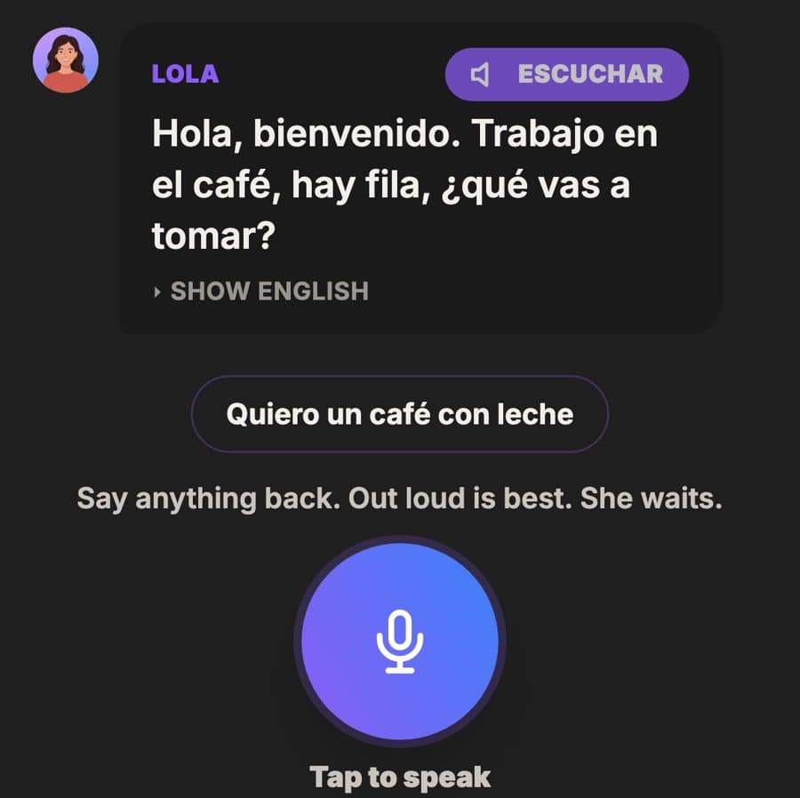 Lola asks a question in Spanish, with a reply to say back and a Tap to speak button
