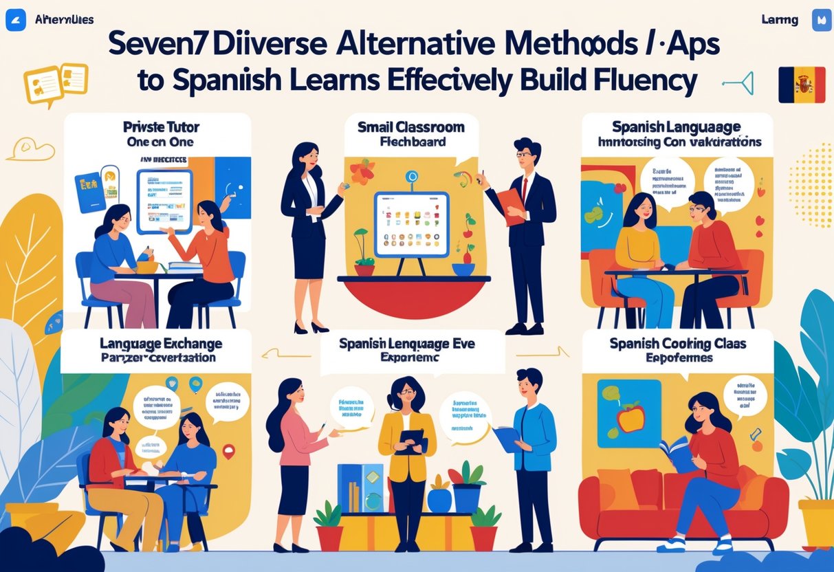 A group of people engaged in various activities to learn Spanish, including tutoring, classroom learning, conversation practice, cultural immersion, reading, cooking, and audio lessons.