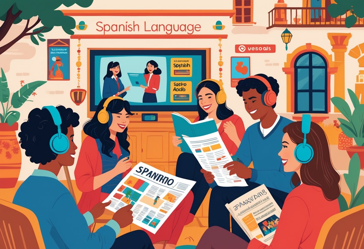 A group of people learning Spanish through watching a film, reading a newspaper, listening to radio, and practicing conversation together in a lively setting.