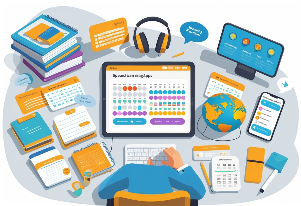 A study desk with flashcards, a notebook, and a tablet showing a spaced repetition system, surrounded by icons representing seven different language learning methods.