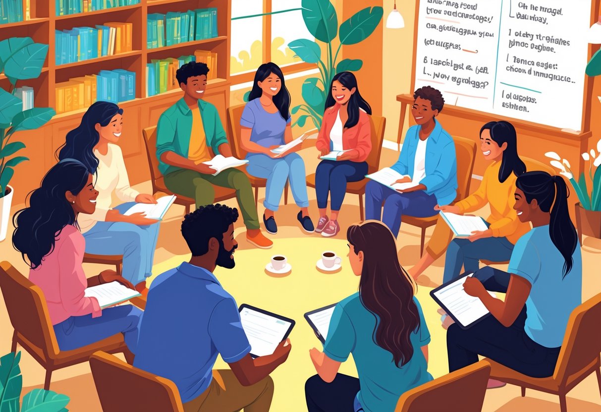 A diverse group of people sitting in a circle in a cozy room, engaged in conversation and language practice together.