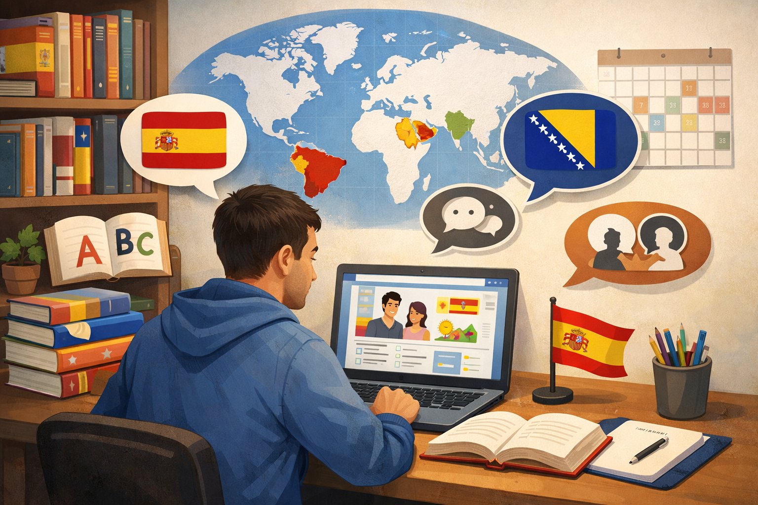 A person studying Spanish at a desk with books, a laptop, and visual symbols of Bosnian and Spanish languages.