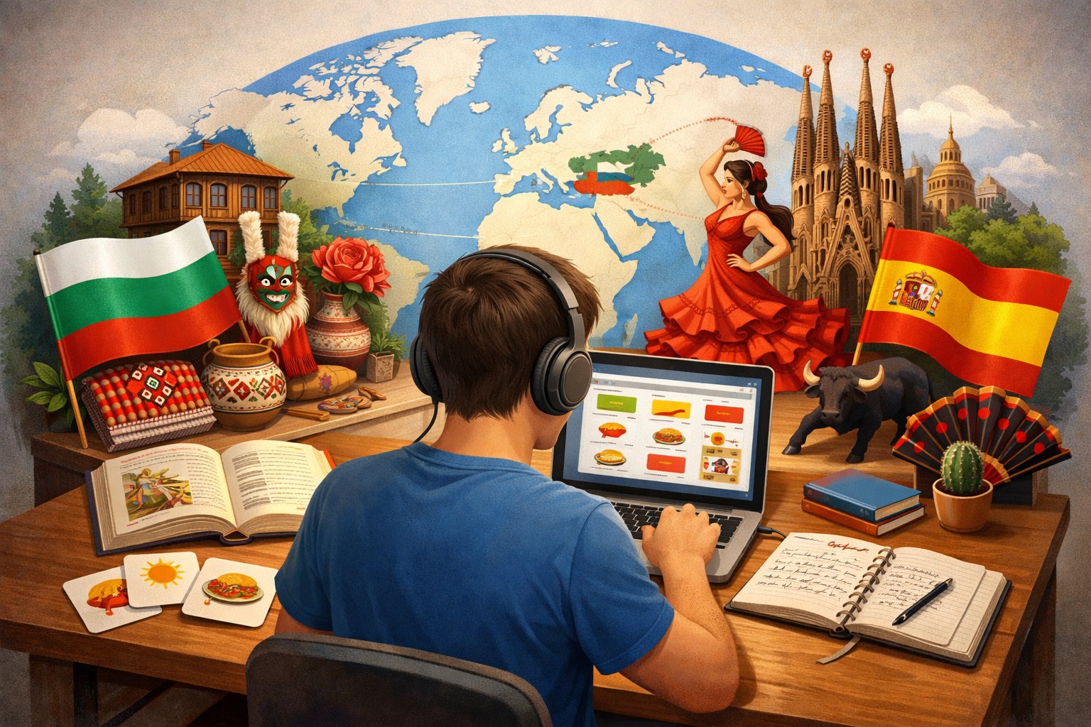 A person studying Spanish at a desk with a laptop, books, and cultural symbols of Bulgaria and Spain around them.