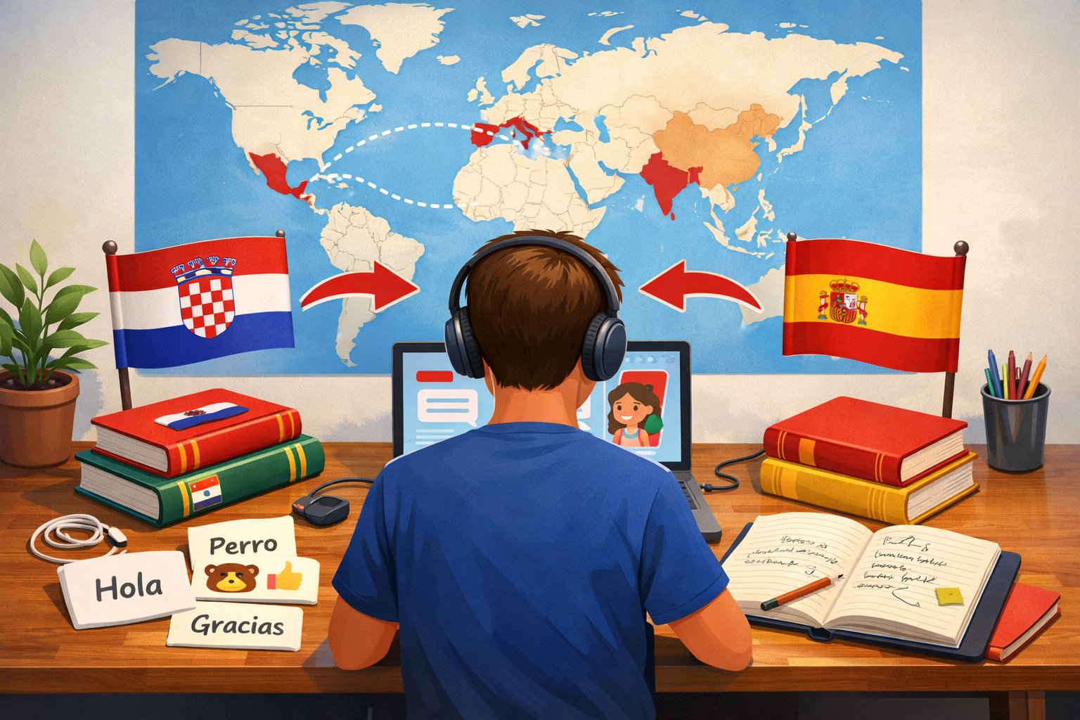 A person studying Spanish at a desk with a laptop, books, and flashcards, with Croatian and Spanish flags and a world map connecting the two countries.