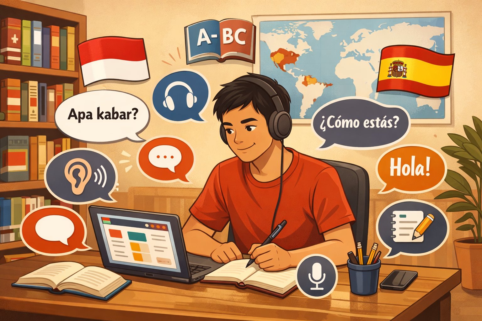 An Indonesian person studying Spanish on a laptop in a cozy room with language learning symbols and flags around them.