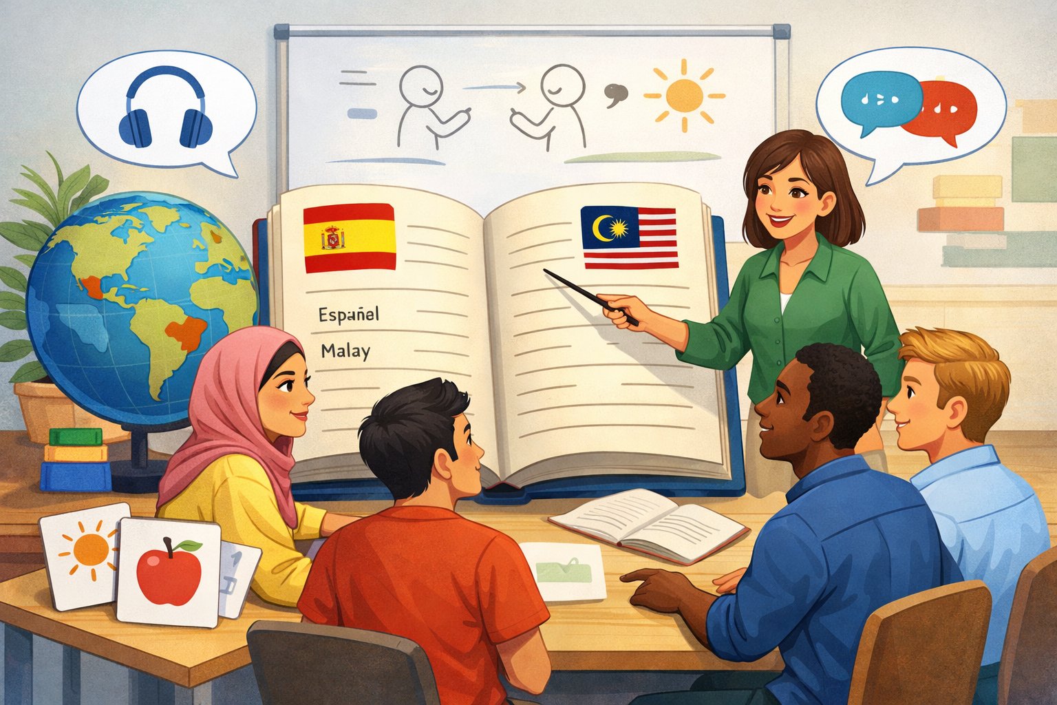 A group of people learning Spanish from Malay with a teacher pointing at an open book showing vocabulary side by side, surrounded by language learning tools in a classroom.