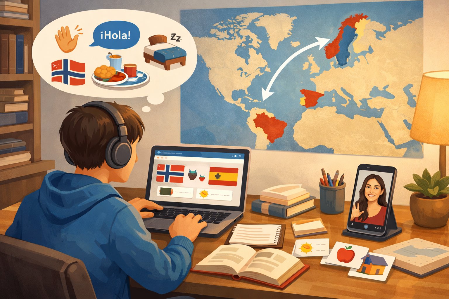 A person studying Spanish at a desk with a laptop, books, flashcards, a world map showing Spain and Norway, and a video call with a native speaker.
