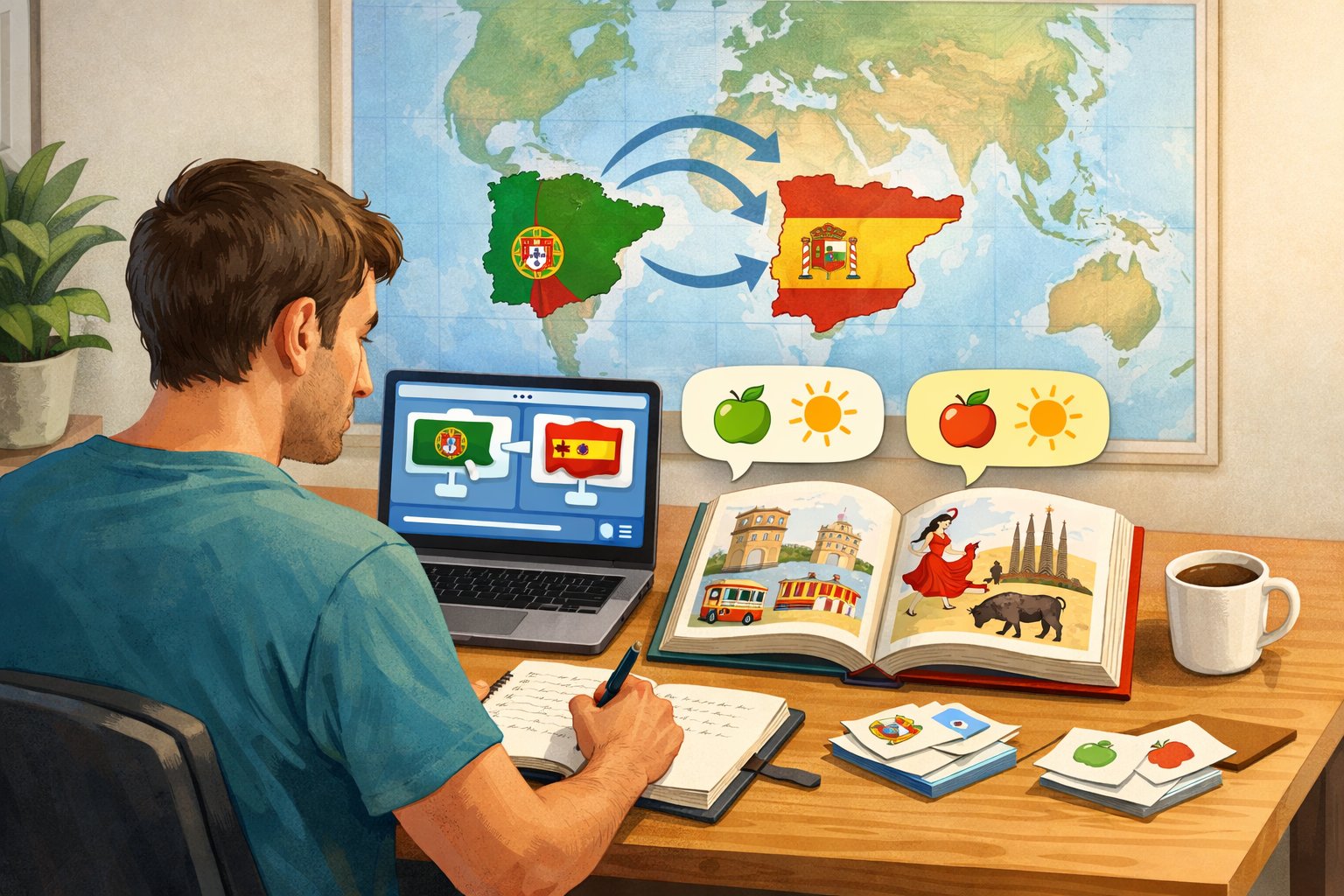 An adult learner studying Spanish from Portuguese at a desk with books, a laptop, and a world map highlighting Spain and Portugal.