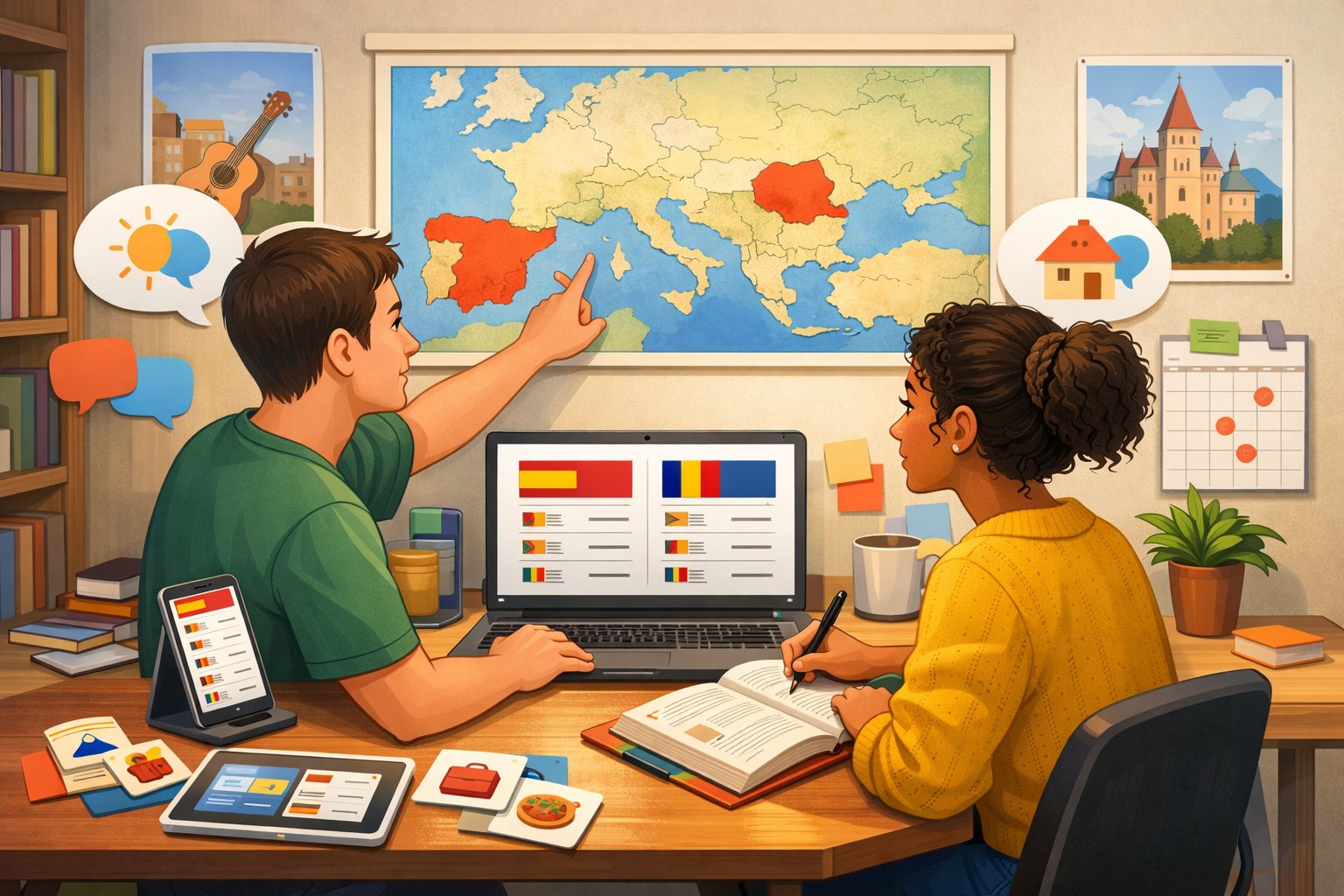 Two people studying Spanish and Romanian together at a desk with books, digital devices, and a world map highlighting Spain and Romania.
