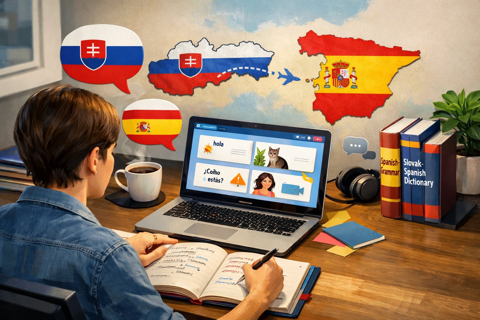 A person studying Spanish at a desk with a laptop, notebook, and books, surrounded by icons representing Slovak and Spanish languages.