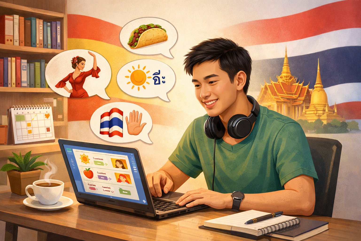 A Thai person studying Spanish at a desk with a laptop, surrounded by Spanish and Thai cultural symbols and language learning materials.