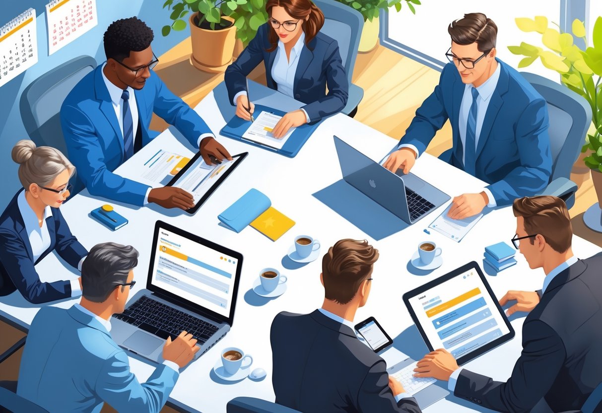 A group of businesspeople working together in an office, writing and reviewing emails on laptops and tablets.