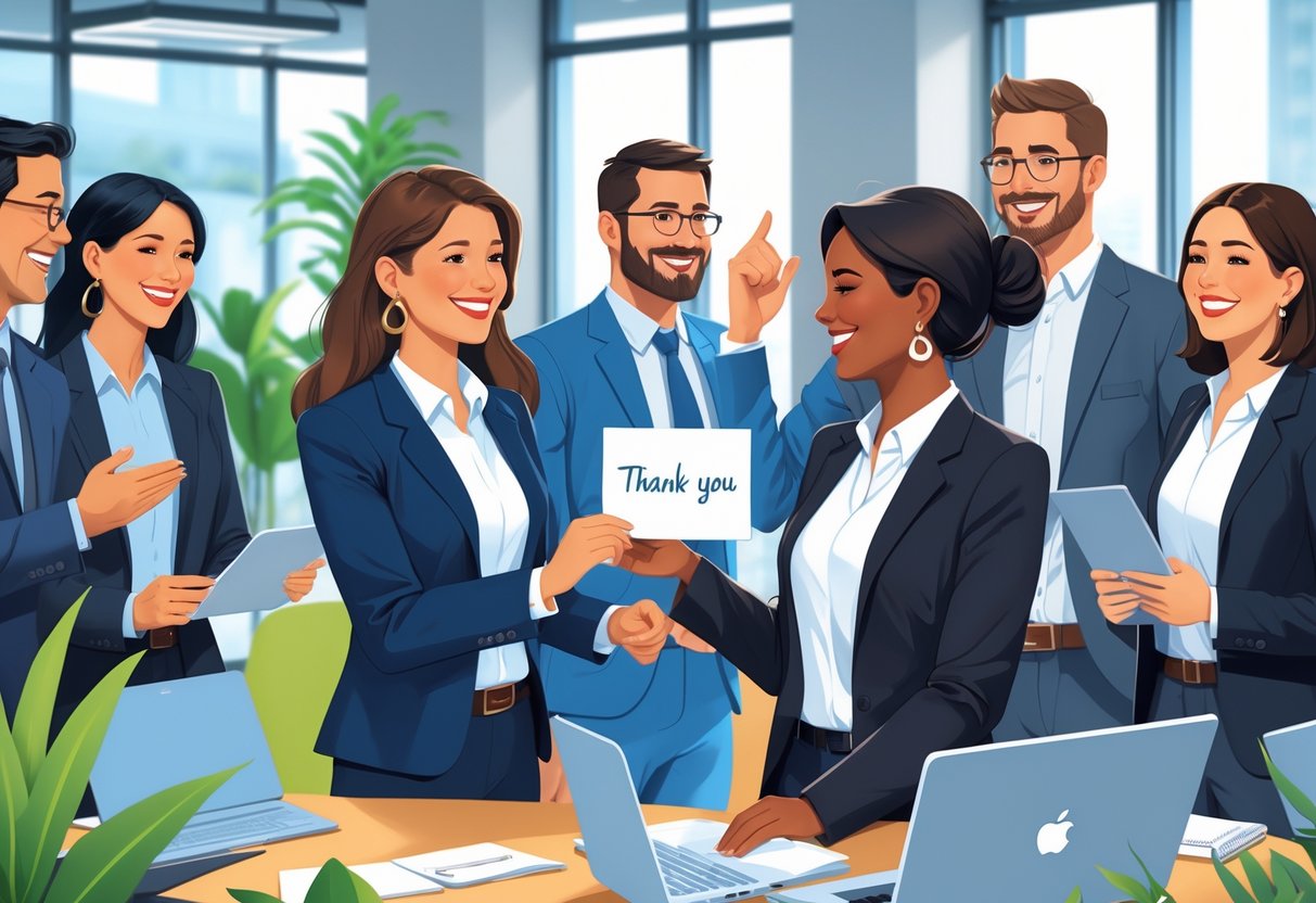 A group of businesspeople exchanging a thank-you card and smiling in a modern office conference room.