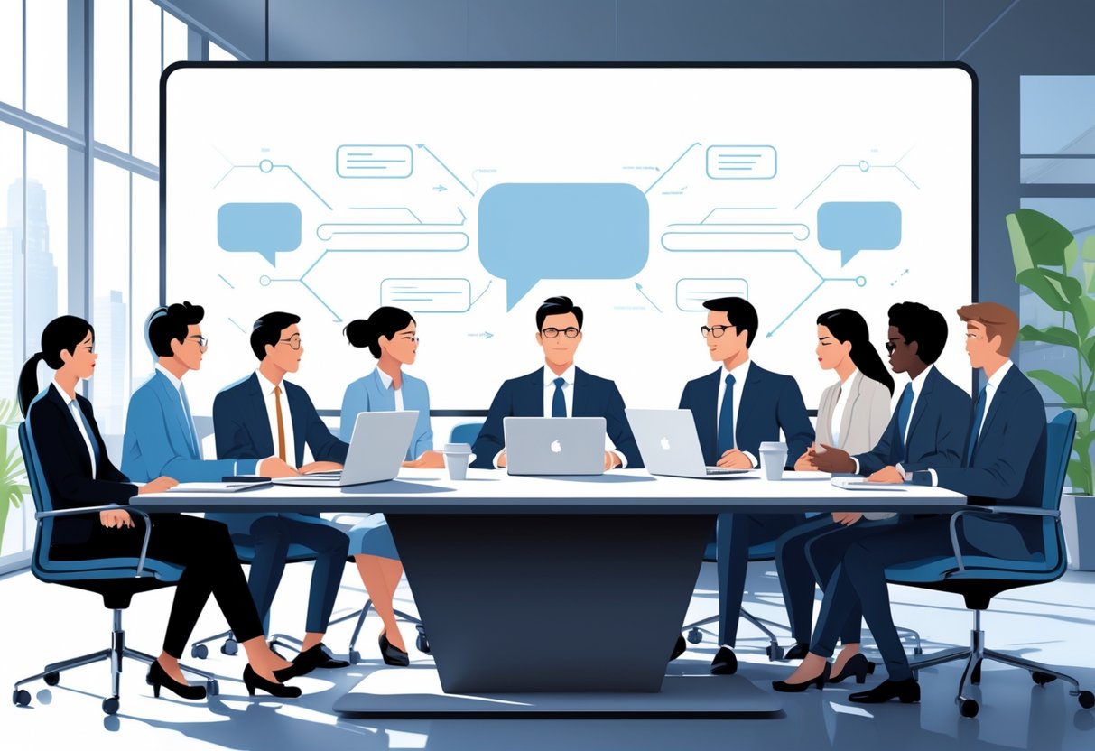 A group of businesspeople having a meeting around a conference table in an office.