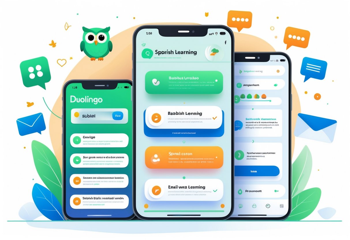 Illustration showing a comparison of three language learning methods: Duolingo with its green owl mascot and digital lessons, Babbel with a mobile app and vocabulary cards, and Email Spanish Learning with an email inbox and Spanish lesson emails.