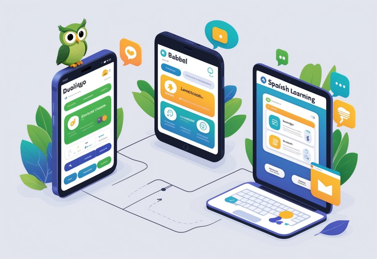 Illustration comparing three language learning platforms showing a green owl on a smartphone, a tablet with lesson screens, and a laptop with emails, connected by a learning pathway.