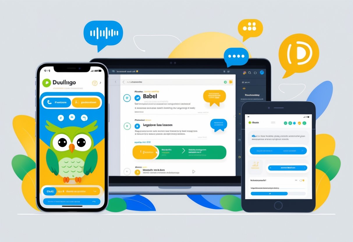 Illustration showing a smartphone with a language app, a tablet with language lessons, and a laptop with an email interface, representing different Spanish learning tools.