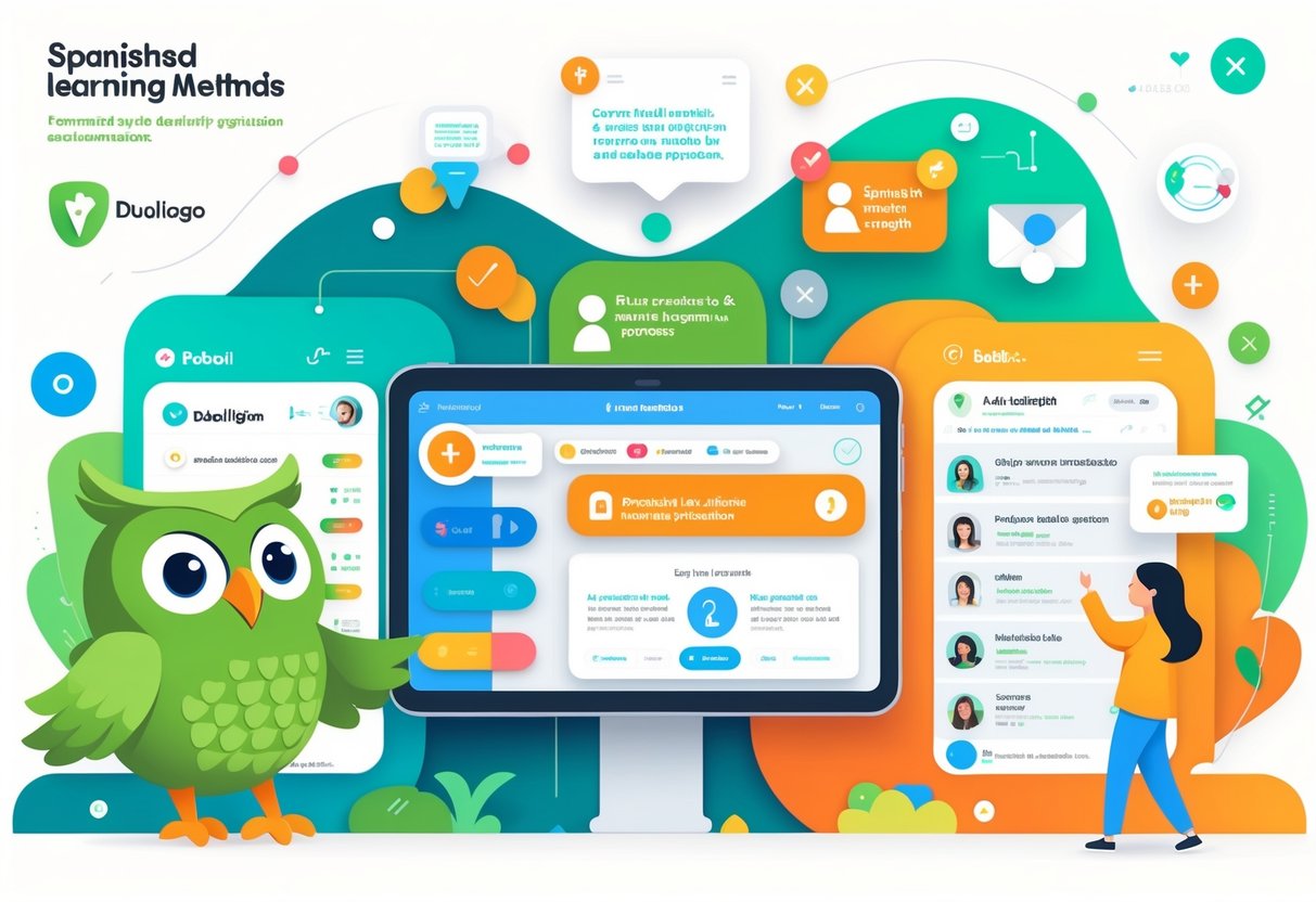 Three side-by-side scenes showing different Spanish learning methods: a green owl with gamified learning elements, a tablet displaying structured lessons, and an email inbox with motivational Spanish learning messages.