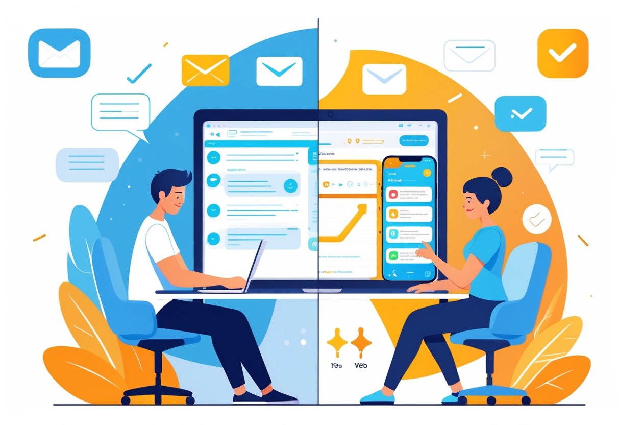 Two people learning Spanish side by side; one reading emails on a laptop, the other using a language app on a smartphone, both focused and engaged.