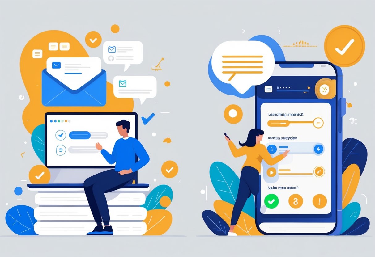 A person using a laptop to read email lessons on one side and using a smartphone language app on the other side, illustrating two ways to learn Spanish.