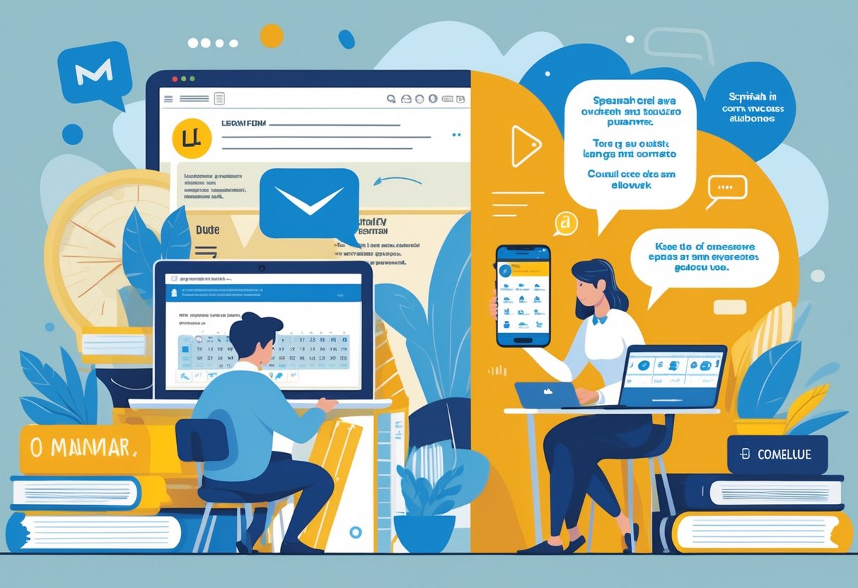 Two people learning Spanish, one using a laptop with emails and the other using a smartphone app, surrounded by grammar books and speech bubbles with Spanish phrases.