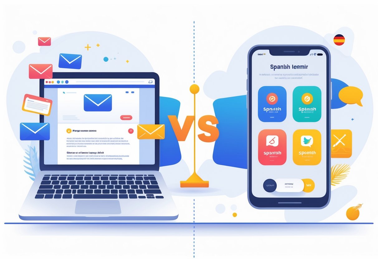 A laptop showing Spanish lesson emails on one side and a smartphone with Spanish learning apps on the other side, separated by a scale symbolizing comparison, with Spanish cultural icons in the background.