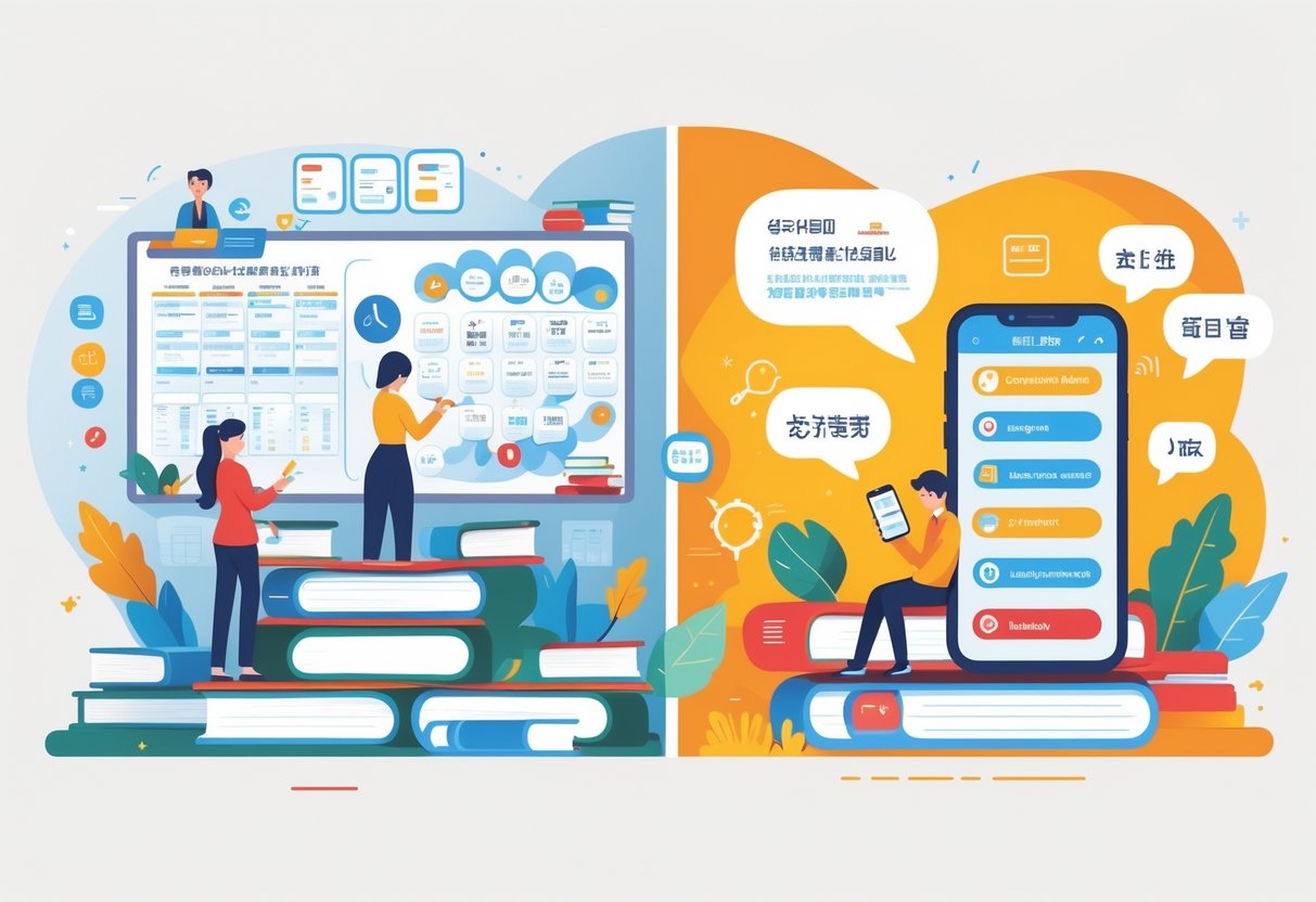 A split scene showing a classroom with a teacher and students on one side and a person using a language learning app on a smartphone on the other side.