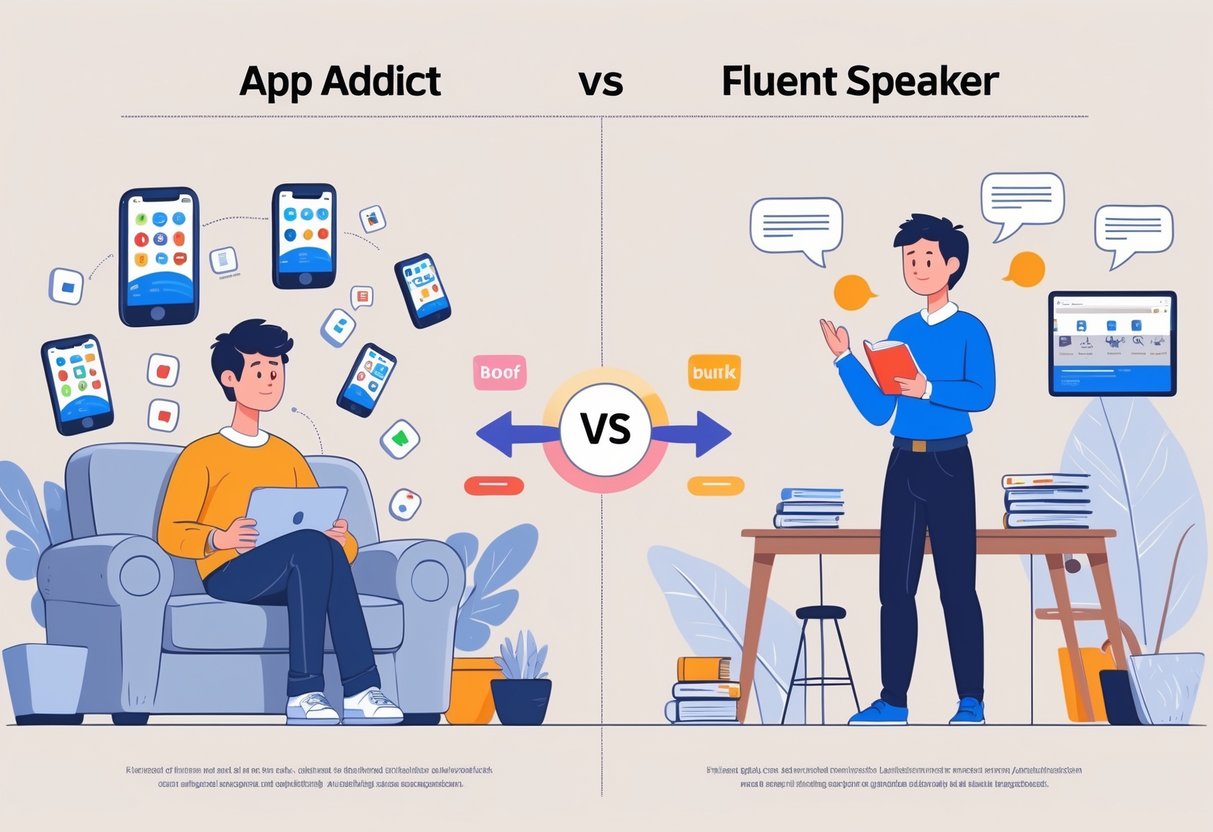 Two people learning languages: one sitting with multiple devices showing apps, the other standing and speaking with a tutor or group.