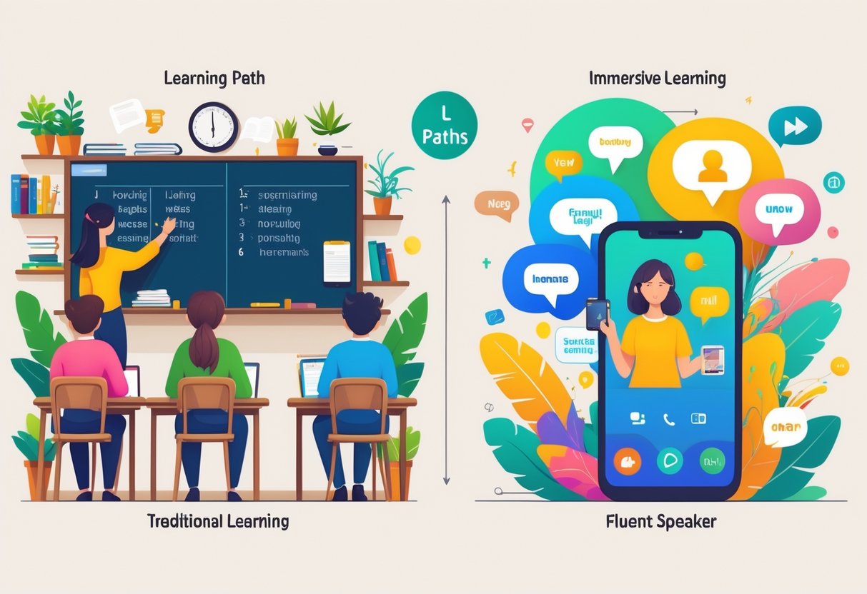 Two contrasting learning scenes side by side: a traditional classroom with a teacher and students using books, and a person using a mobile device surrounded by language and cultural icons representing immersive learning.
