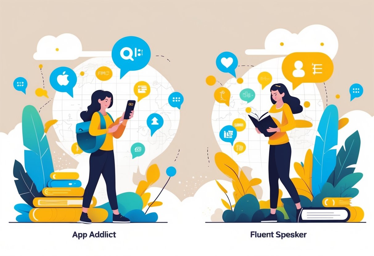 A person standing at a crossroads choosing between using a language learning app and speaking fluently with others, surrounded by language and cultural symbols.