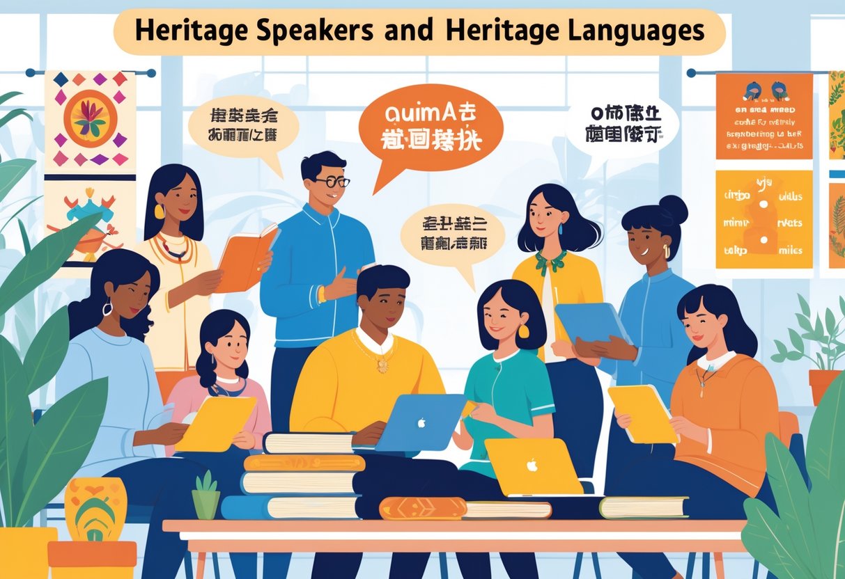 A diverse group of people learning languages together in a bright classroom with cultural symbols and language icons around them.