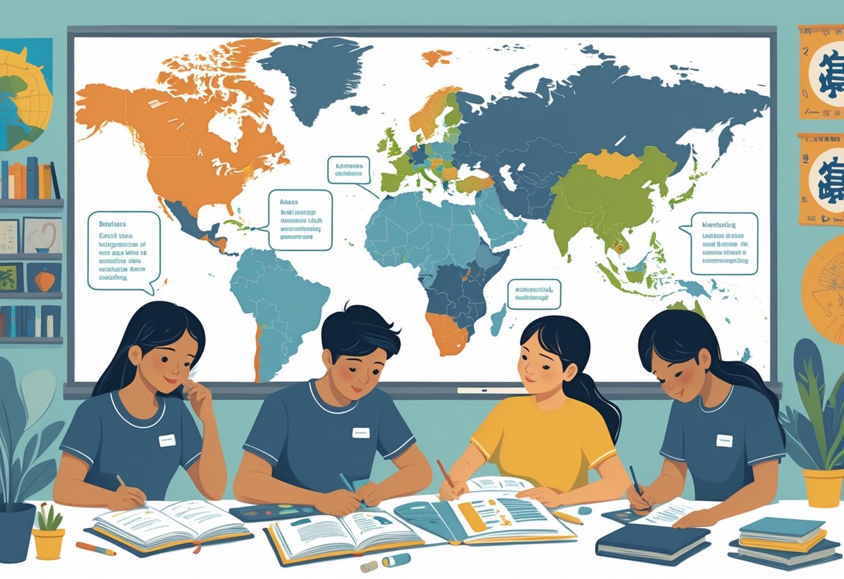 A group of diverse heritage language learners engaged in various language learning activities in a bright classroom with cultural elements in the background.