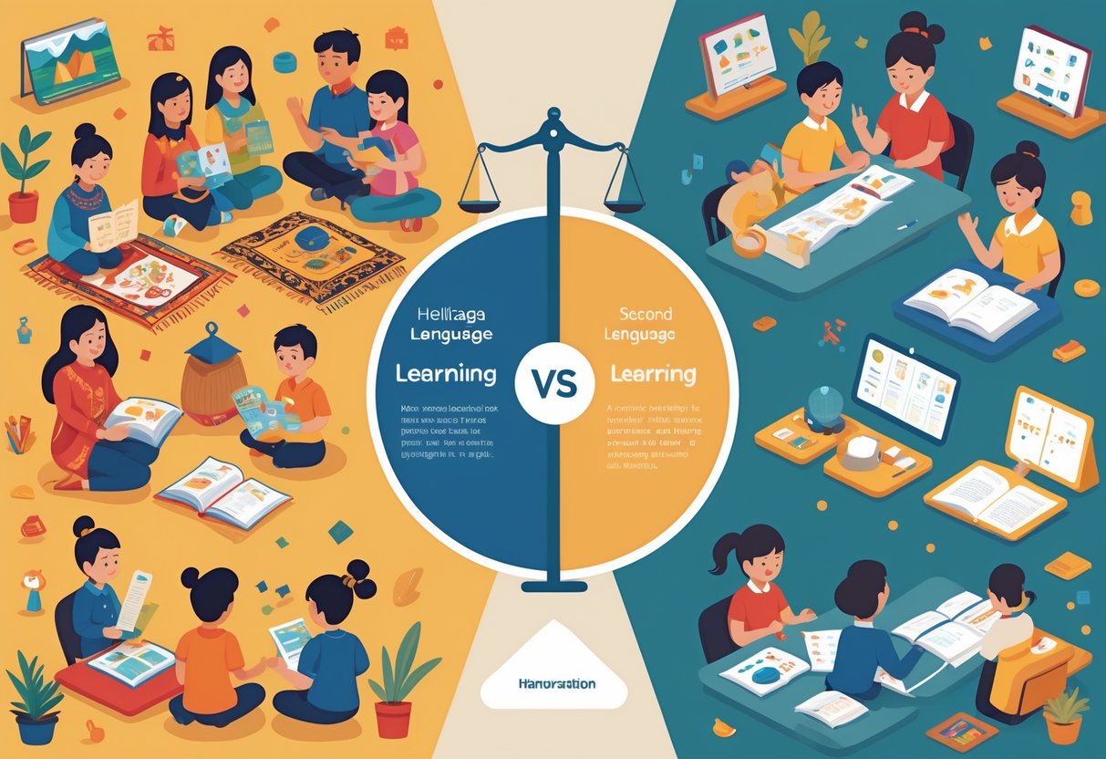 Two groups of people learning languages side by side: one group engaged in cultural and family-based activities, the other in a formal classroom setting, with a visual comparison element between them.