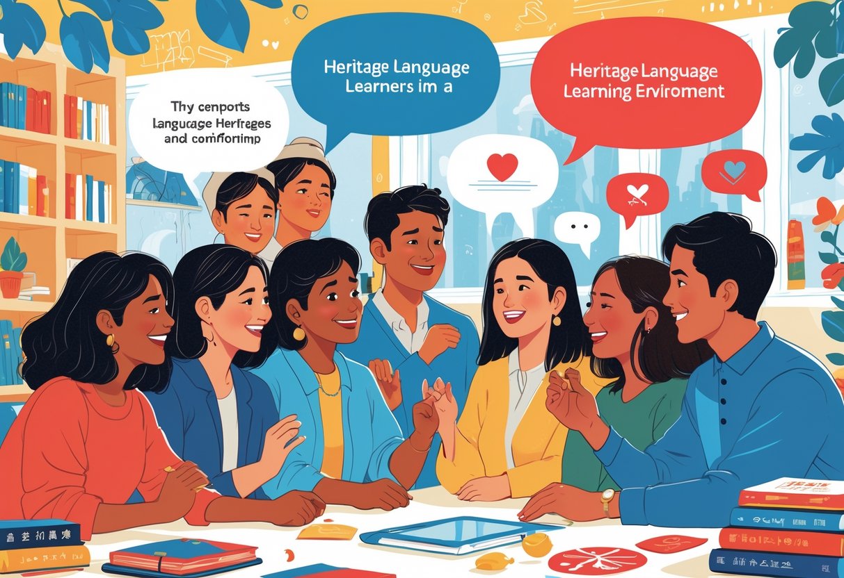 A diverse group of people learning together in a bright room, showing friendly interactions and cultural symbols that represent language and emotions.