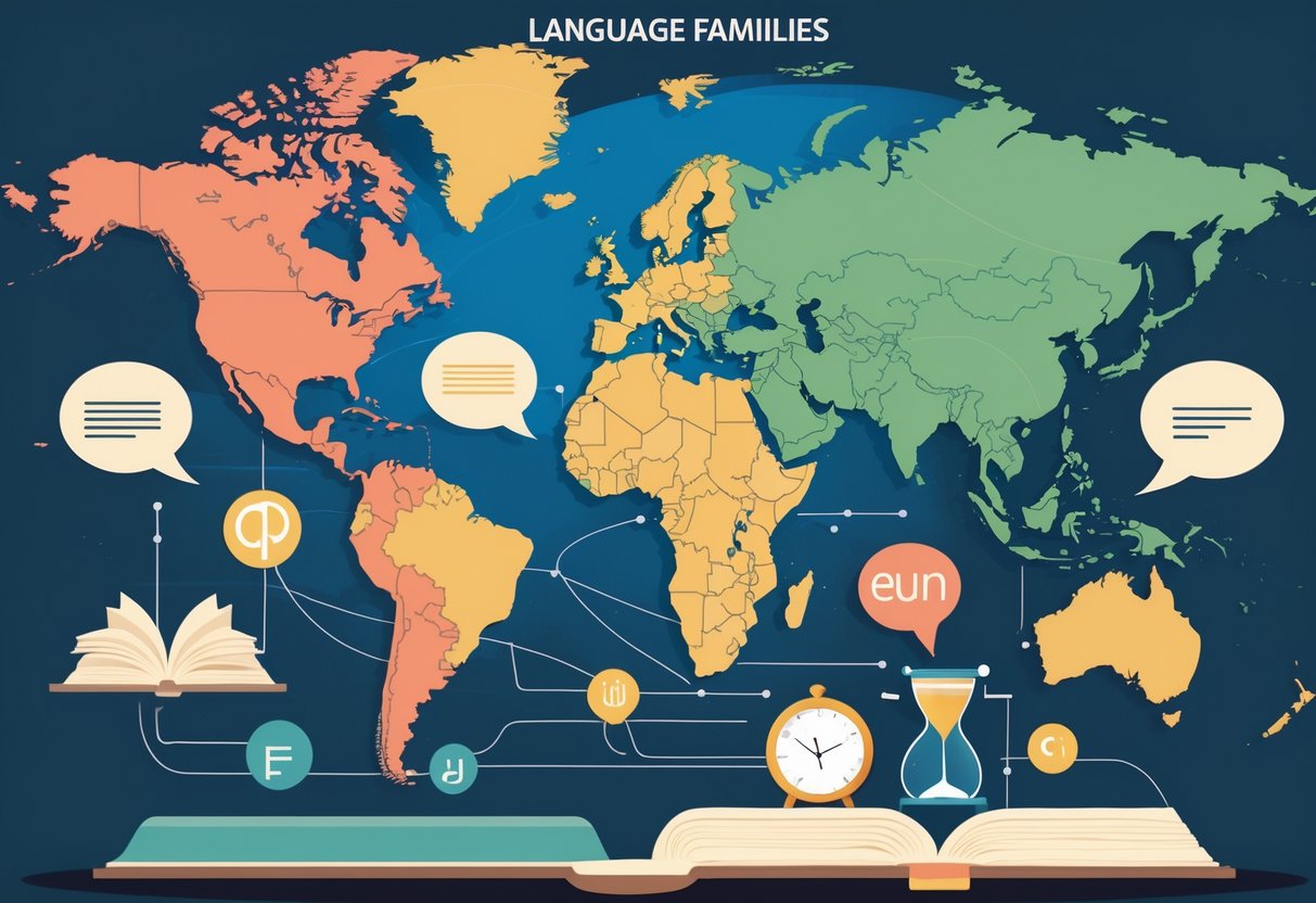 A world map highlighting English, Spanish, and Romance language regions with symbols representing language learning and time.