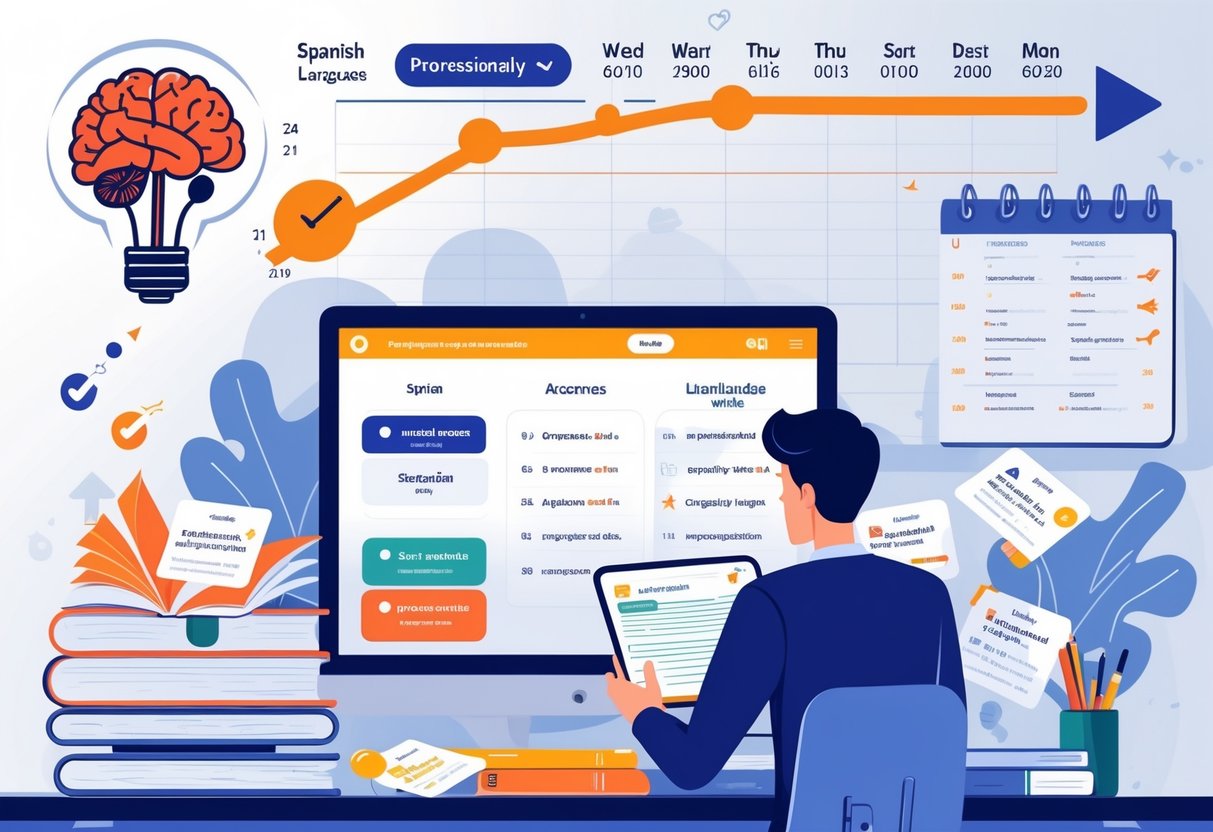A young adult studying Spanish at a desk with books, a laptop, flashcards, and a calendar showing a learning timeline.