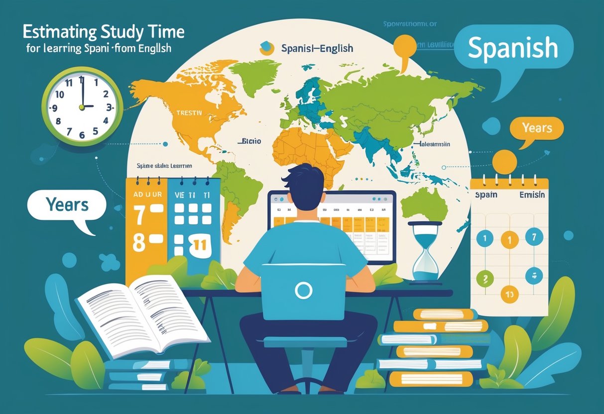 An adult learner at a desk with books and a laptop, surrounded by symbols of time like a clock, calendar, and hourglass, representing the time needed to learn Spanish from English.