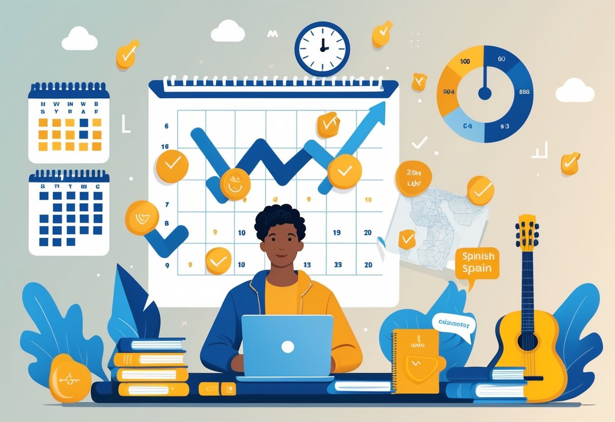 An adult learner at a desk studying Spanish with books and a laptop, surrounded by symbols of progress, time, and Spanish culture.