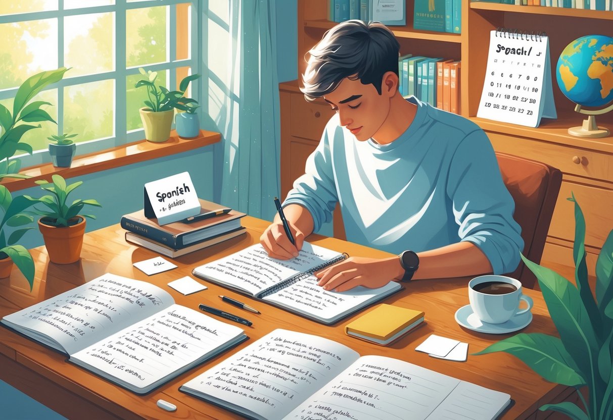 A person studying Spanish vocabulary with notebooks and flashcards at a desk in a sunlit room with a plant and books nearby.