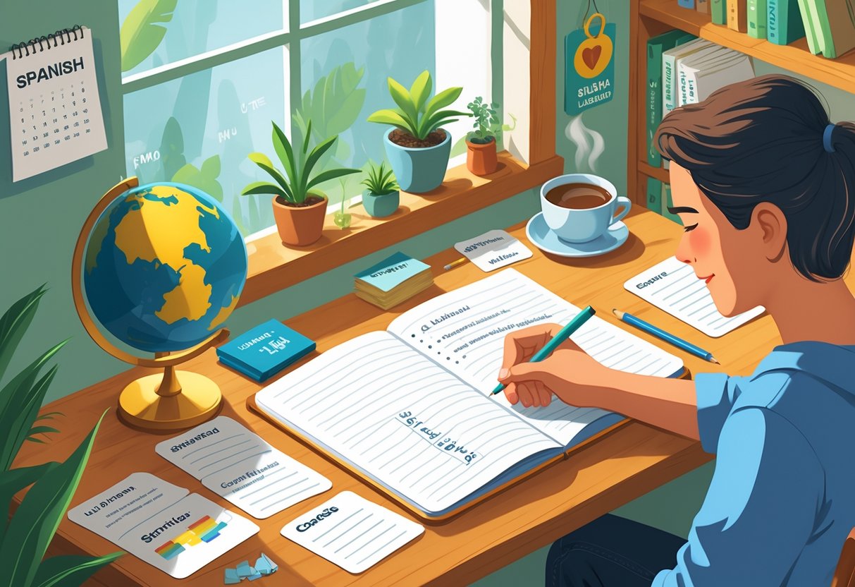 A person writing Spanish vocabulary by hand at a desk with flashcards, a globe, and books in a bright, cozy room without any electronic devices.