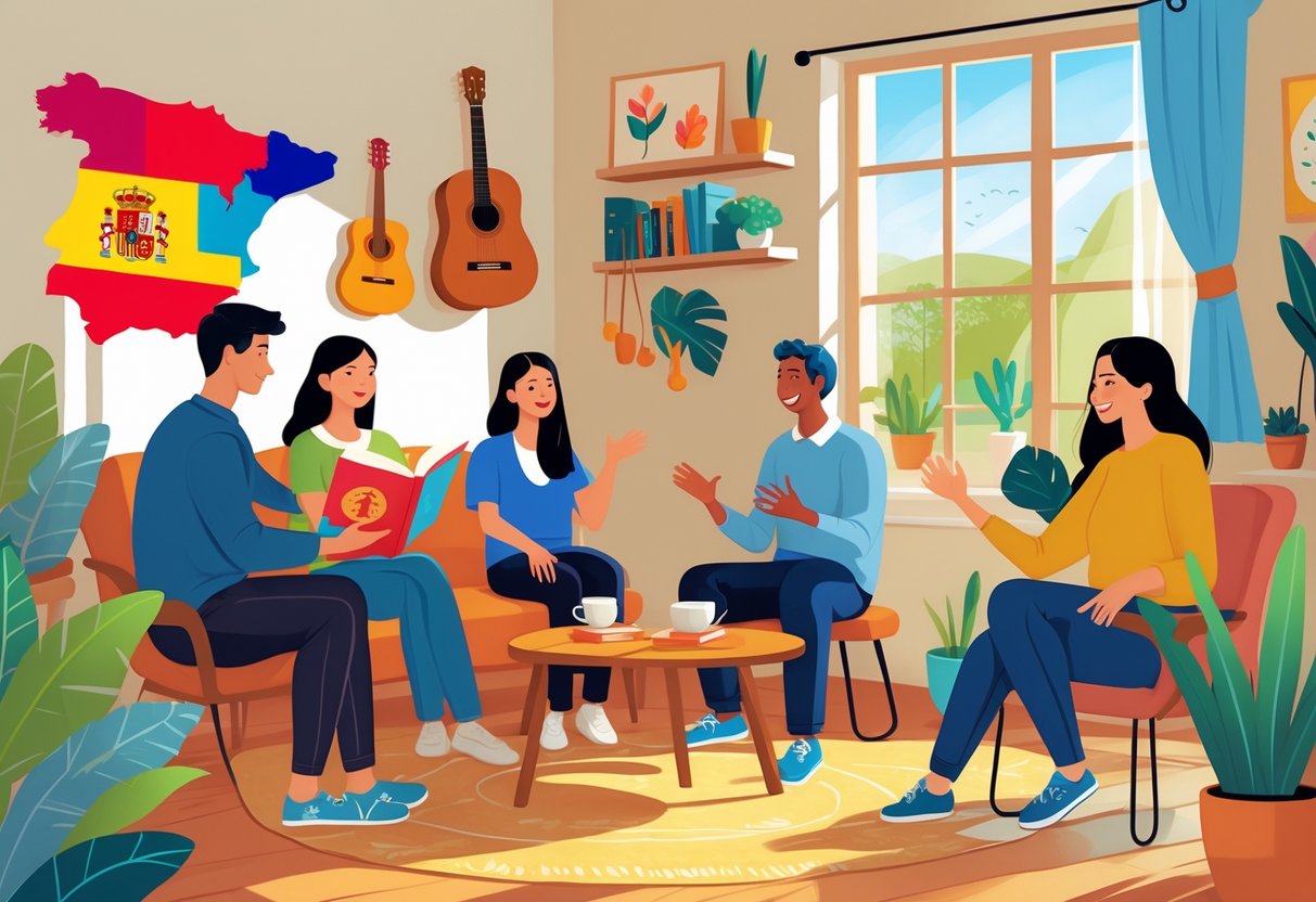 A group of people in a cozy room learning Spanish through cultural activities like reading, speaking, and traditional instruments.