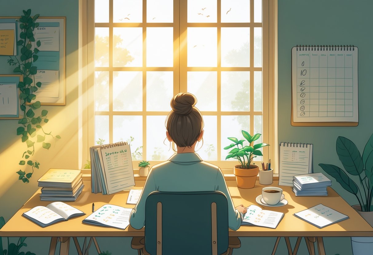 A person studying Spanish at a desk with books, flashcards, and a calendar showing daily progress in a bright, cozy room.