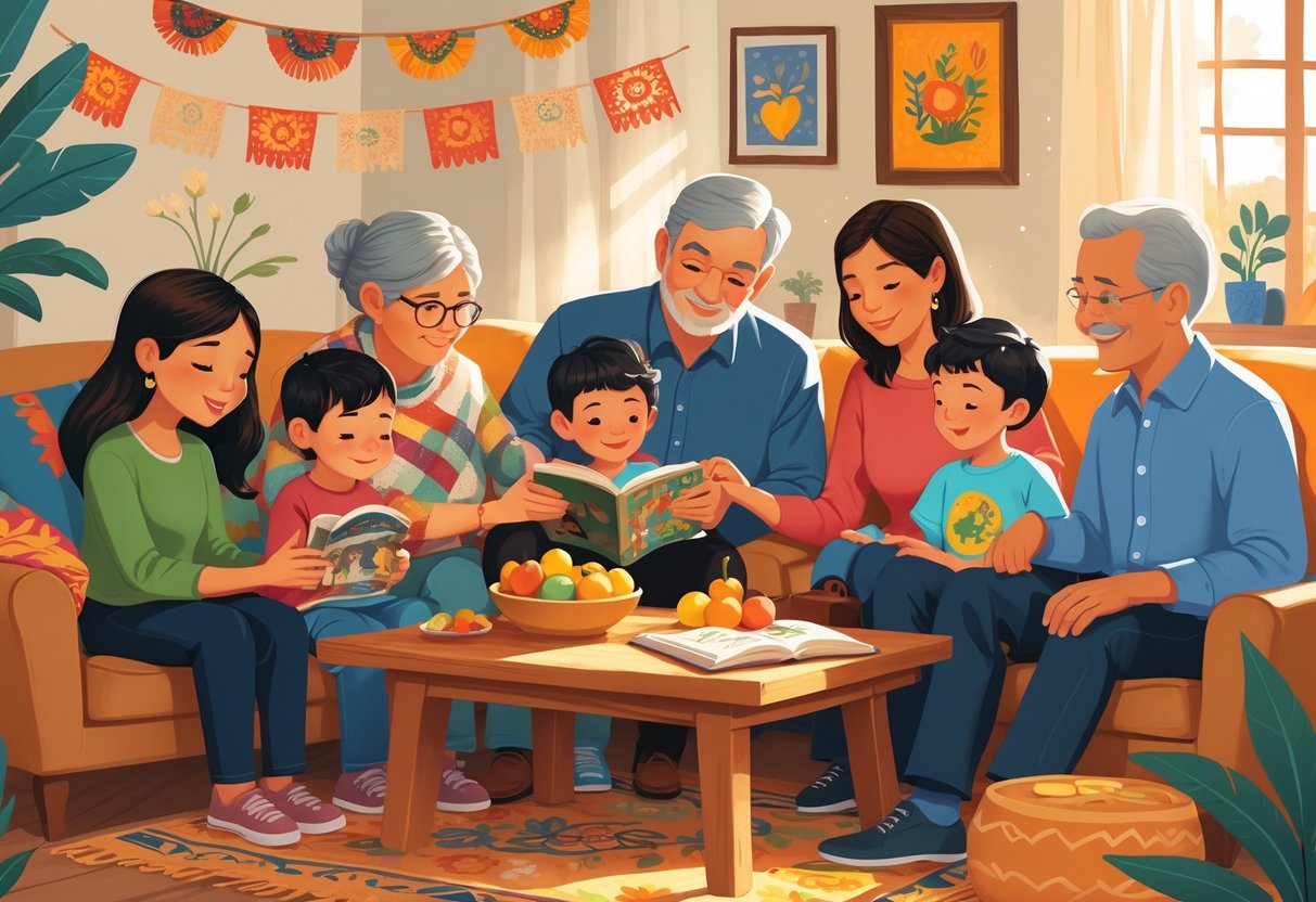 A multi-generational Hispanic family gathered around a table with traditional items, sharing stories and learning together in a cozy living room.