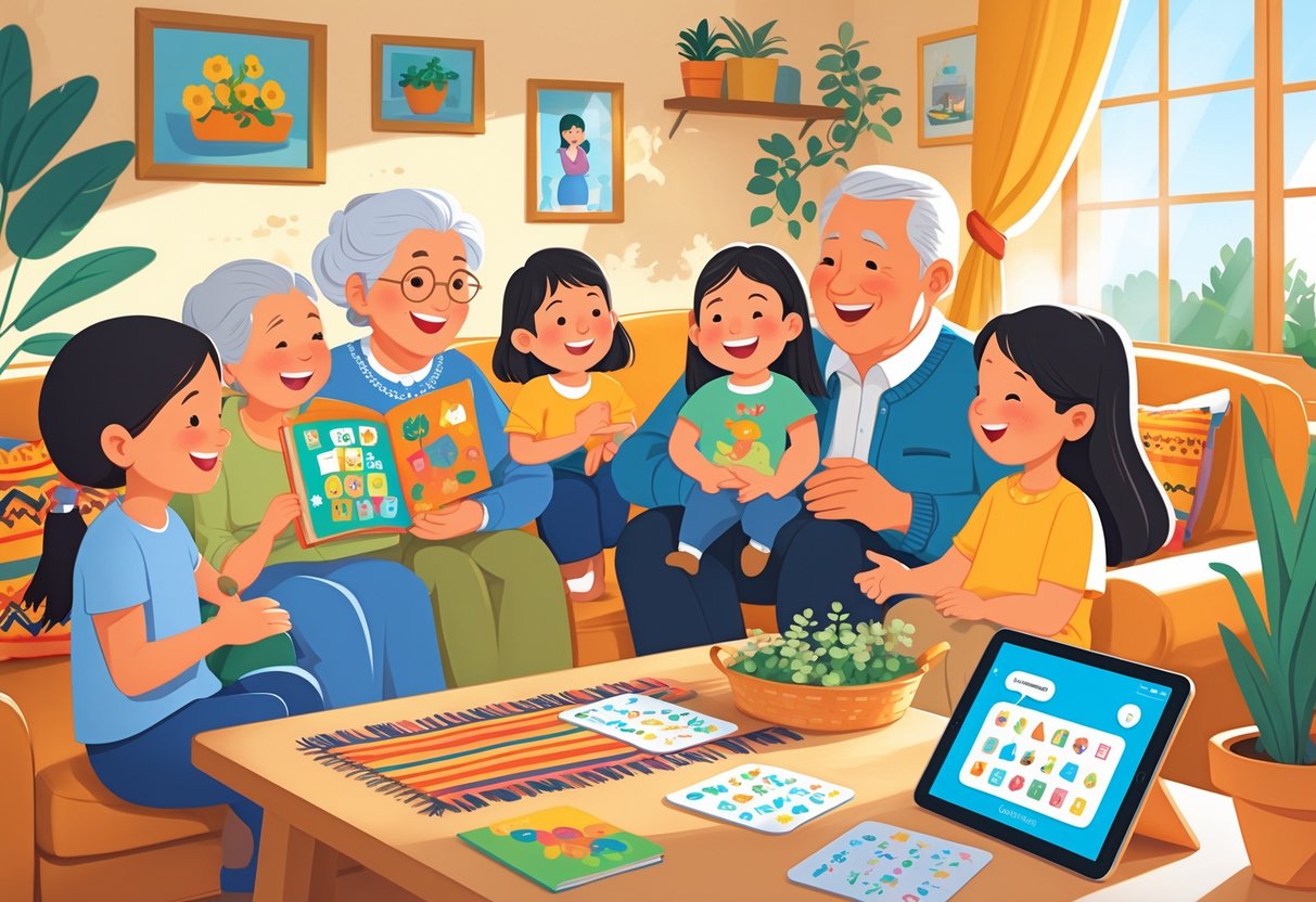 A Hispanic family of multiple generations practicing Spanish together at home, with children and grandparents interacting in a cozy living room.
