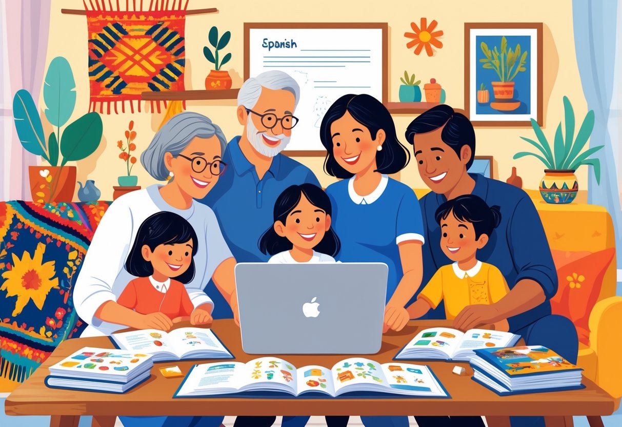 A multi-generational family gathered around a table with books and a laptop, learning Spanish together in a cozy living room decorated with Hispanic cultural items.