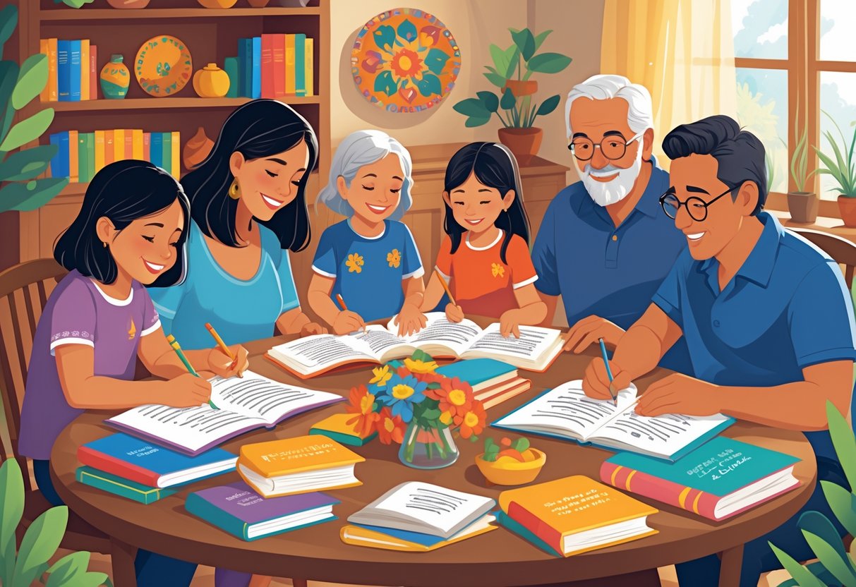 A multigenerational Hispanic family gathered around a table reading and learning Spanish together in a cozy home setting.