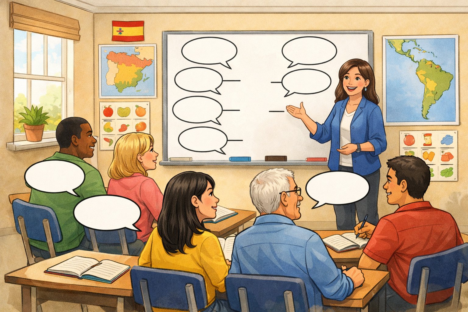 A classroom with a teacher and students learning basic Spanish sentences, showing speech bubbles and educational materials about Spanish language.